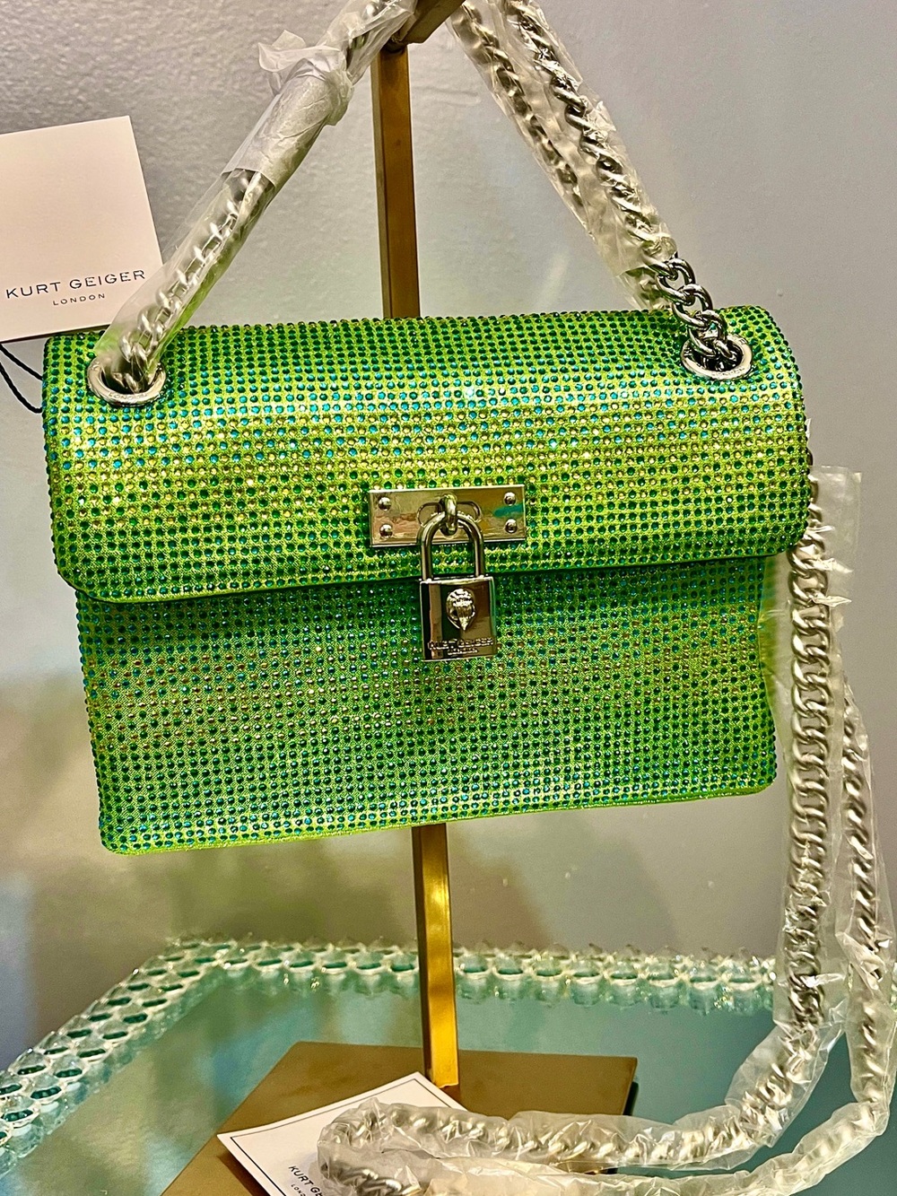 Kurt Geiger NWT Green Crystal Shoulder/Crossbody Bag Padlock w/Eagle head accent